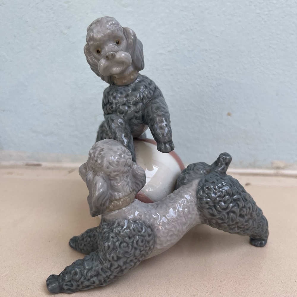 Lladro Playing Poodles Woolly Dogs Playing with Ball
